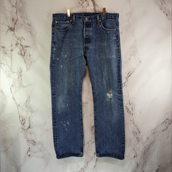 Vintage Levis Jeans Mens 34 X 30 501 XX Y2K Denim Paint Button Fly Destroyed - Picture 1 of 13